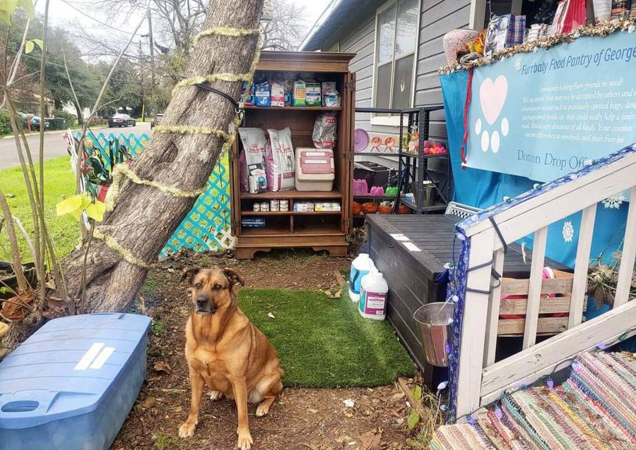 The original front-porch pantry with bags of pet food