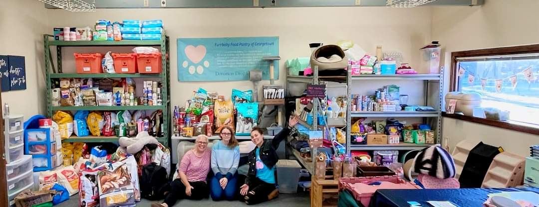 Inside the pantry shop, with shelves of donated pet supplies